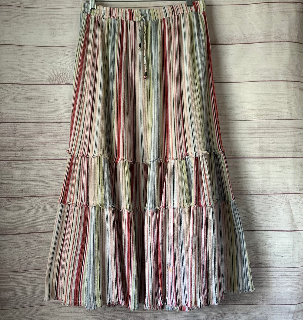 John Mark Boho Multicolor Striped Maxi Skirt Tiered Gauzy Cotton Size M